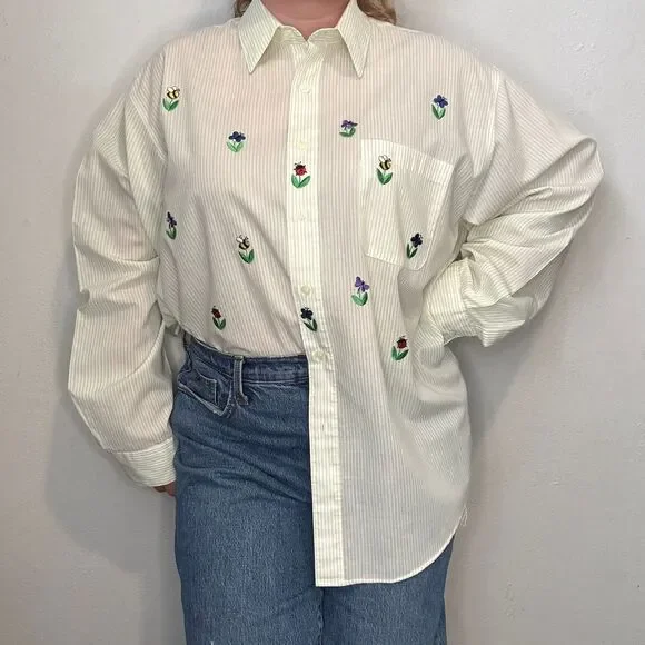 Vintage XL Lime Green Striped Button Down Embroidered Bugs Flowers Rhinestones - Picture 1 of 11